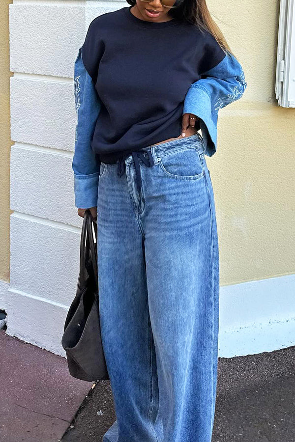 Chic Floral Embroidered Denim Patchwork Sweatshirt