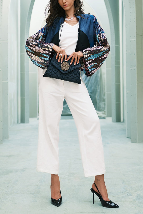 Stylish PU Sequined Geometric Print Patchwork Denim Jacket