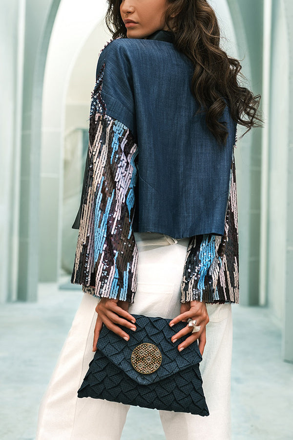 Stylish PU Sequined Geometric Print Patchwork Denim Jacket