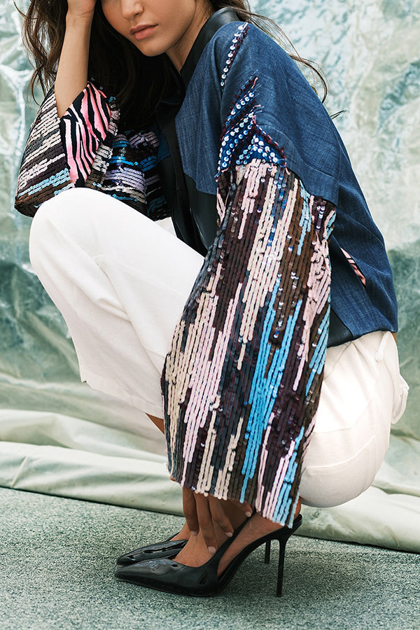 Stylish PU Sequined Geometric Print Patchwork Denim Jacket