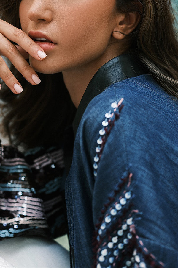 Stylish PU Sequined Geometric Print Patchwork Denim Jacket
