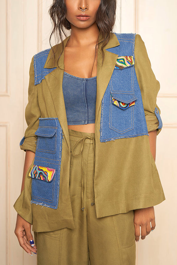 Stylish Printed Pocket Flap Denim Patchwork Blazer