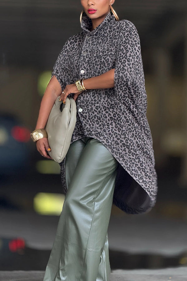 Stylish Asymmetrical Leopard Print Denim Cape