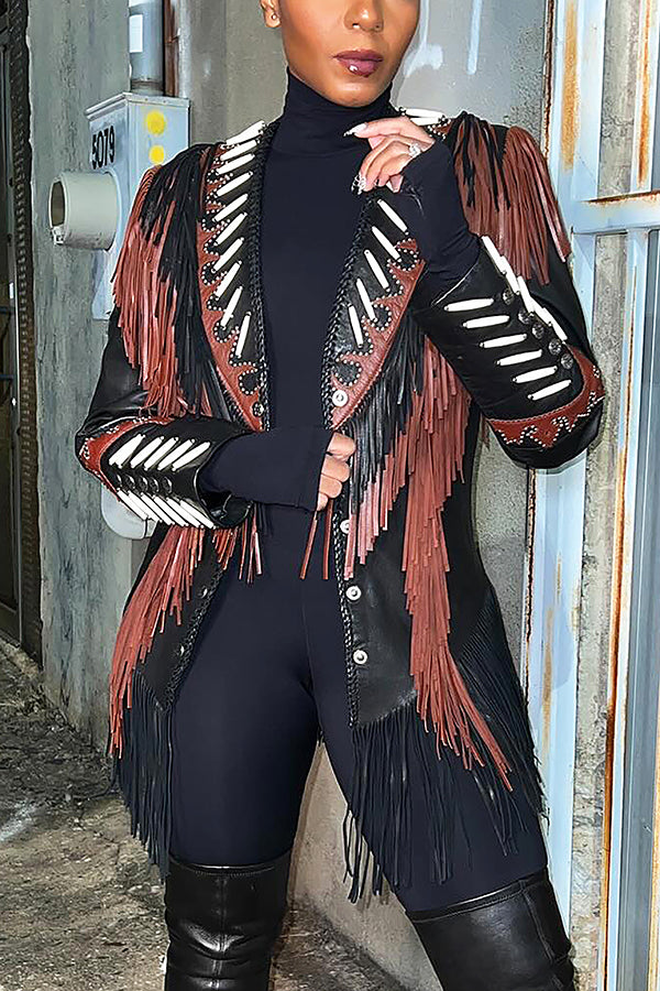 Western Style Single Breasted PU Tassel Patchwork Jacket