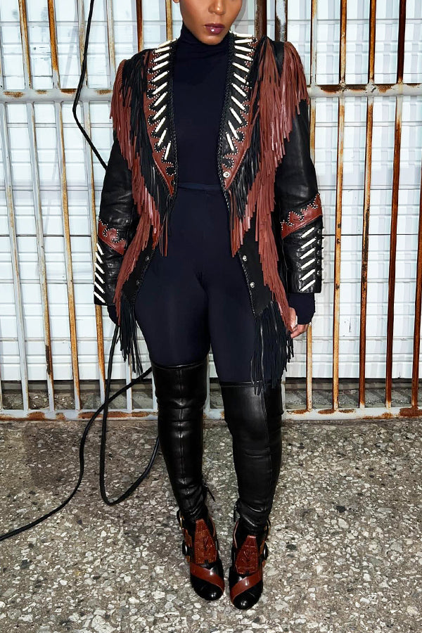 Western Style Single Breasted PU Tassel Patchwork Jacket