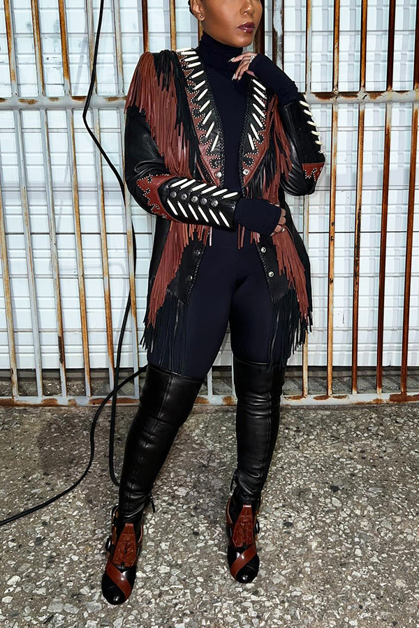 Western Style Single Breasted PU Tassel Patchwork Jacket