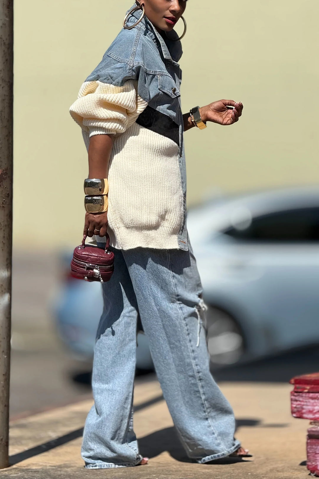 Stylish Single Breasted Denim Patchwork Knitted Jacket