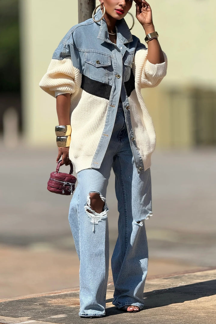 Stylish Single Breasted Denim Patchwork Knitted Jacket