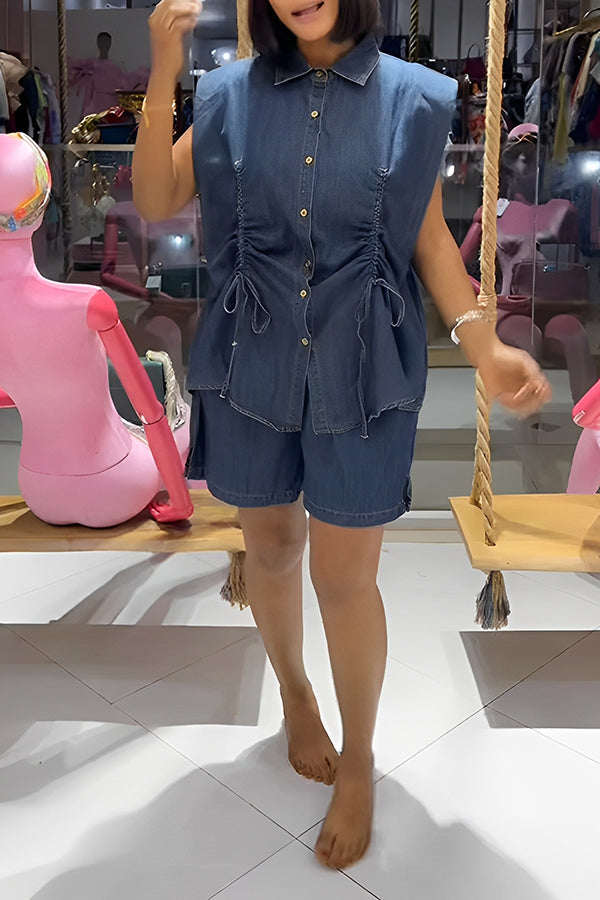 Stylish Drawstring Denim Top & Shorts Set