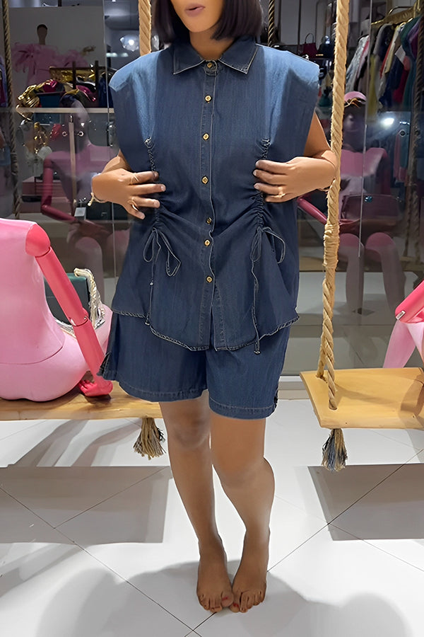 Stylish Drawstring Denim Top & Shorts Set