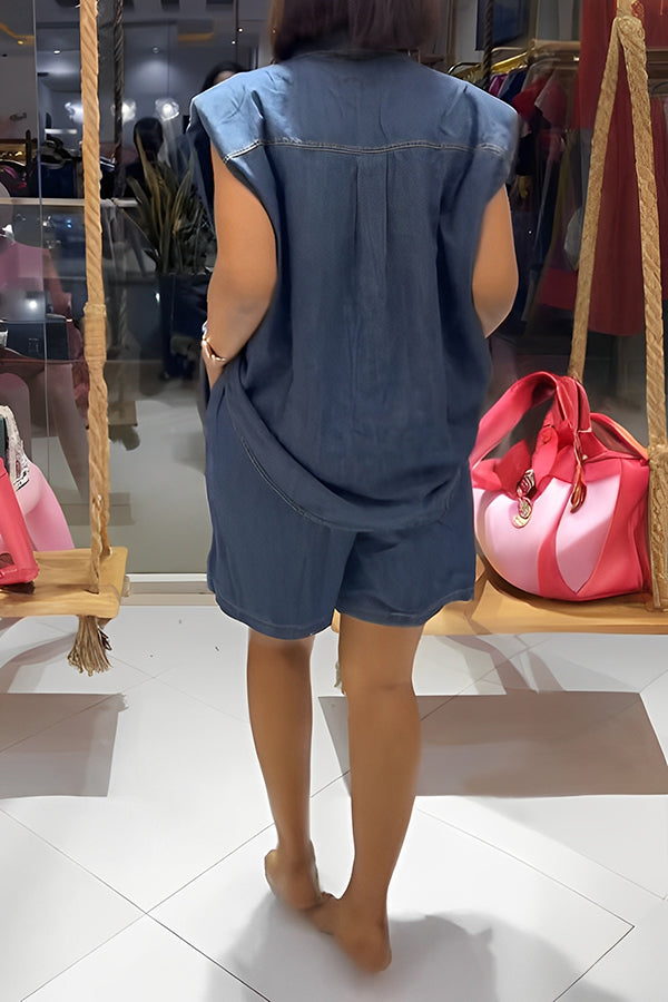 Stylish Drawstring Denim Top & Shorts Set