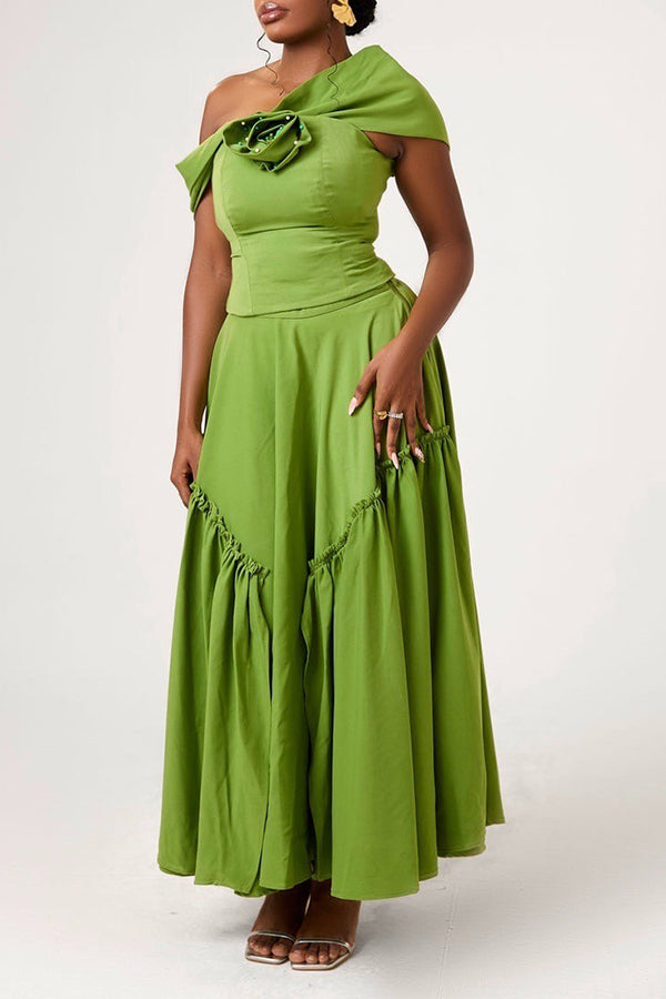 Stylish Off Shoulder 3D Floral Ruffle Hem Dress