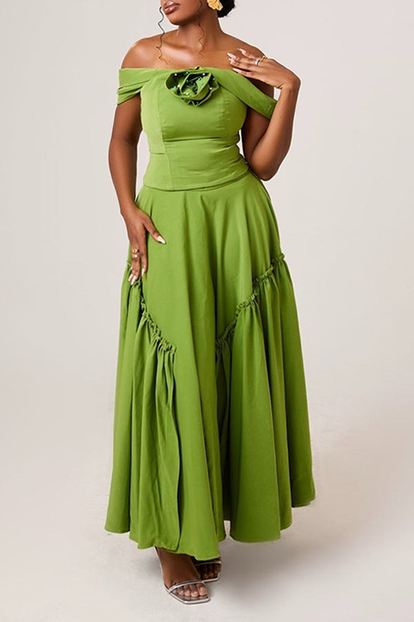 Stylish Off Shoulder 3D Floral Ruffle Hem Dress