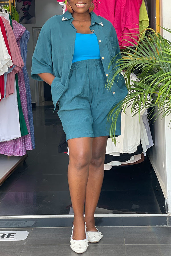 Casual Pleated Shirt & Shorts Set