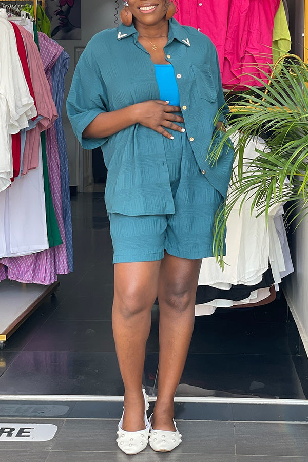 Casual Pleated Shirt & Shorts Set