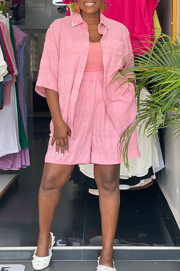 Casual Pleated Shirt & Shorts Set