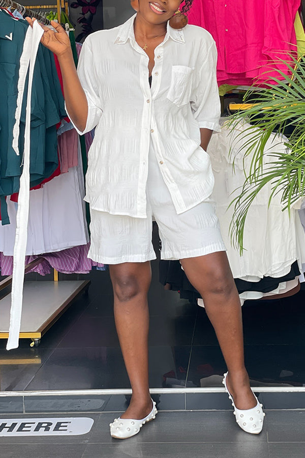 Casual Pleated Shirt & Shorts Set