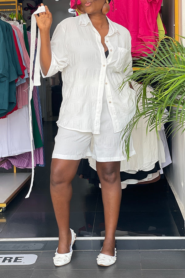 Casual Pleated Shirt & Shorts Set