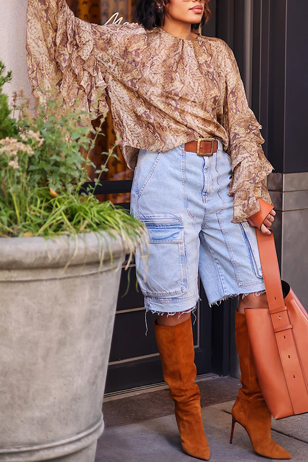Retro Pocket Distressed Denim Boot Shorts Jean