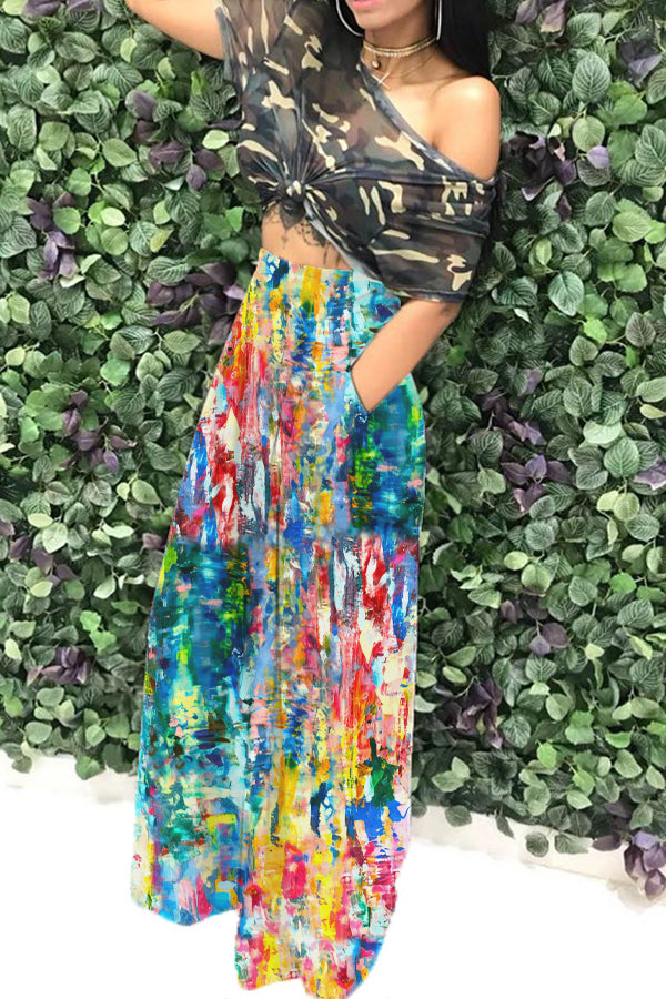 Casual High Waisted Colorful Hand Painted Printed Pants