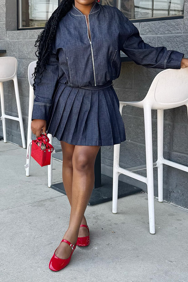 Fashionable Wide Pleated Denim Skirt*