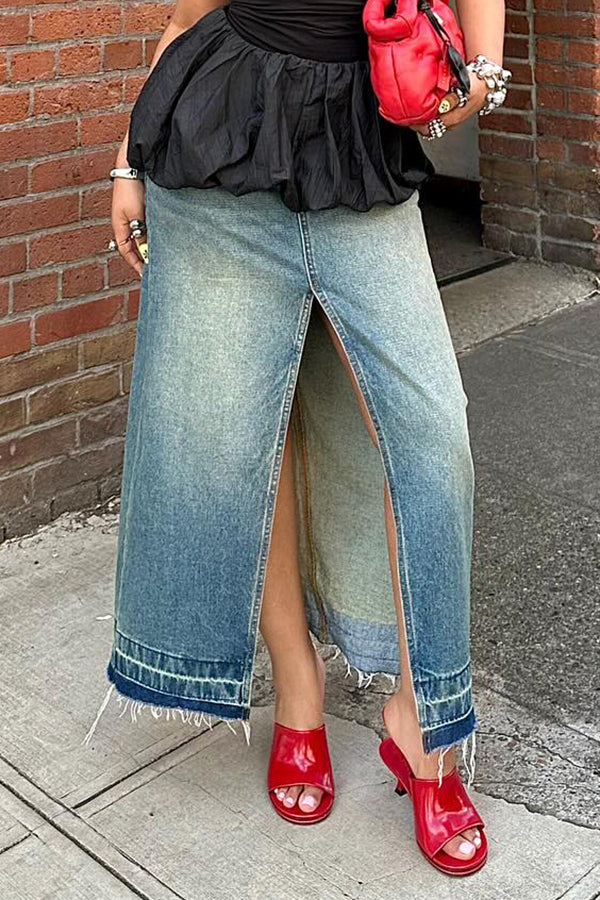 Retro Slim Fit Split Denim Long Skirt*