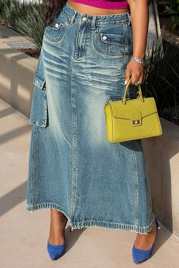 Fashion Straight Double Pocket Mid Length Workwear Denim Skirt*