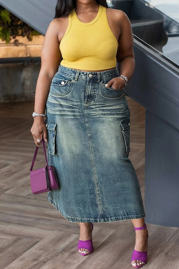 Fashion Straight Double Pocket Mid Length Workwear Denim Skirt*