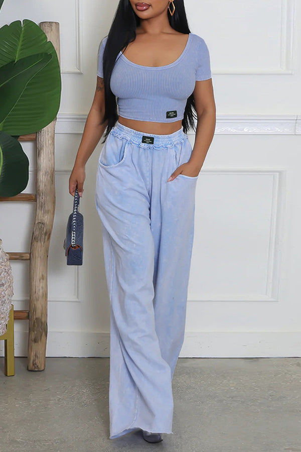 Casual U Neck Top & Distressed Wide Leg Pants Set*