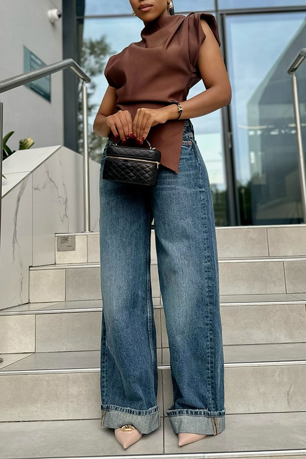 Fashionable Beveled Pleated Padded Shoulder Top*