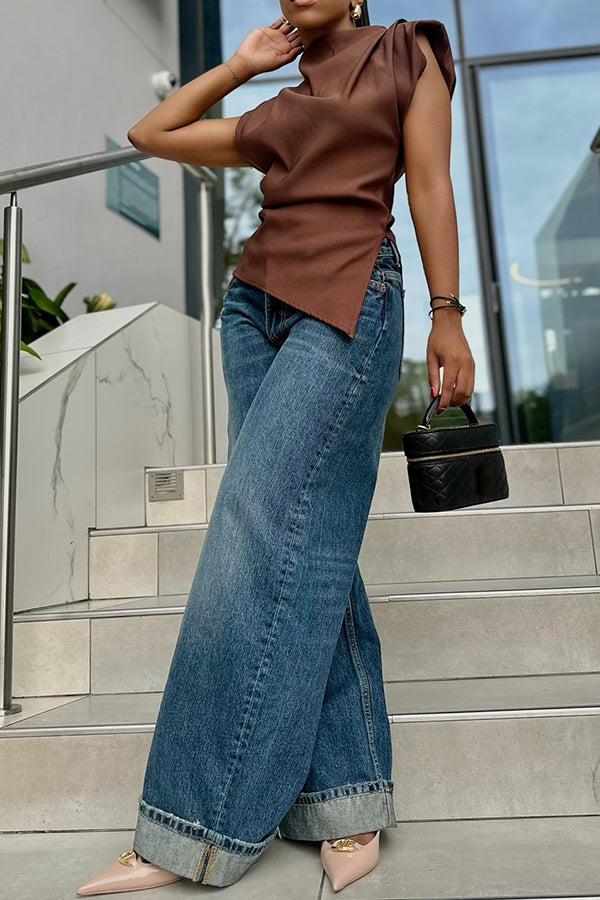 Fashionable Beveled Pleated Padded Shoulder Top*