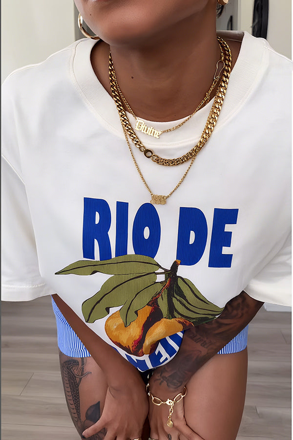 Casual Tropical Fruit Lettering Printed Short Sleeve T-shirt*
