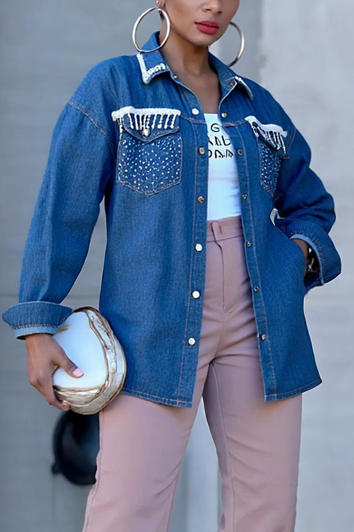 Fashion Knitted Rhinestone Lapel Denim Jacket*