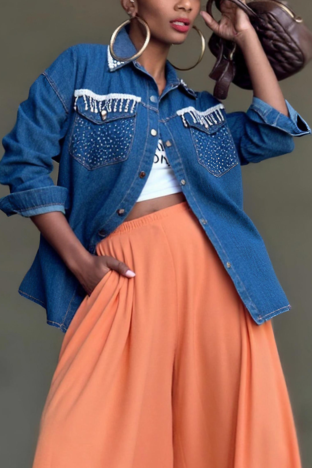 Fashion Knitted Rhinestone Lapel Denim Jacket*