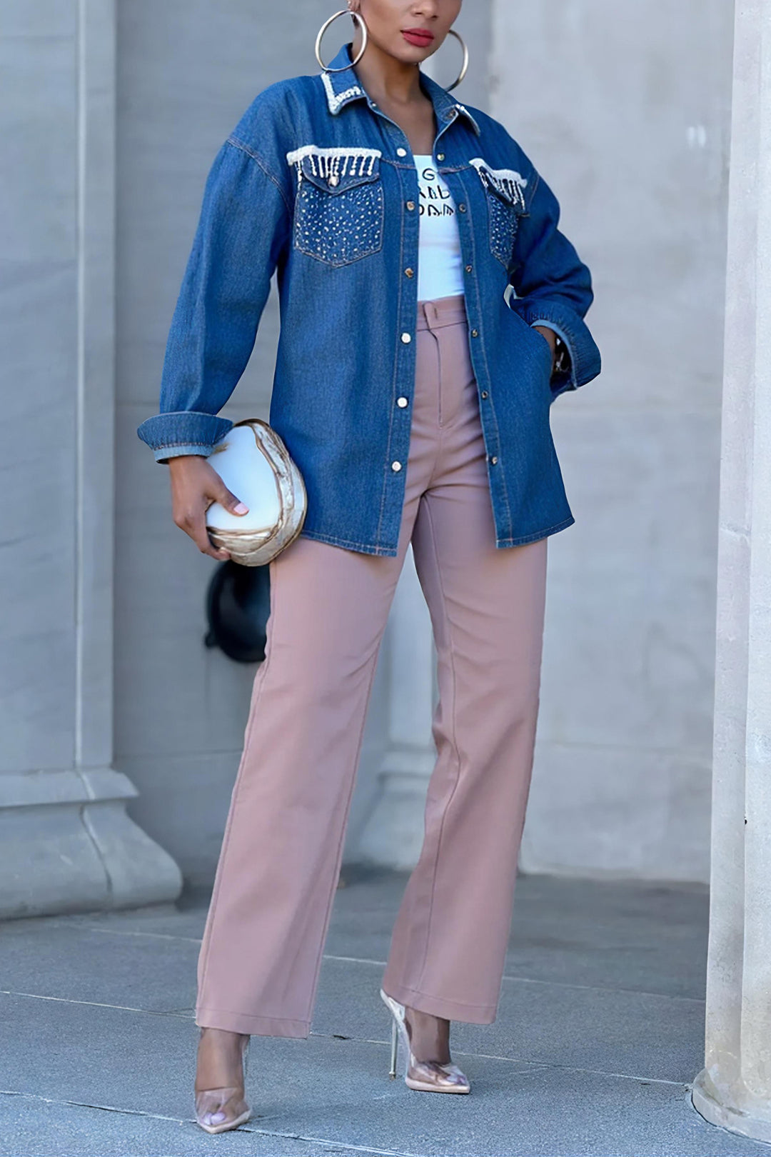 Fashion Knitted Rhinestone Lapel Denim Jacket*