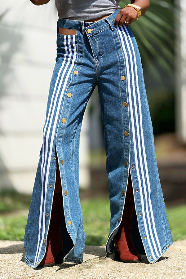 Fashion Sports Webbing Hollow Waist Slit Jeans*