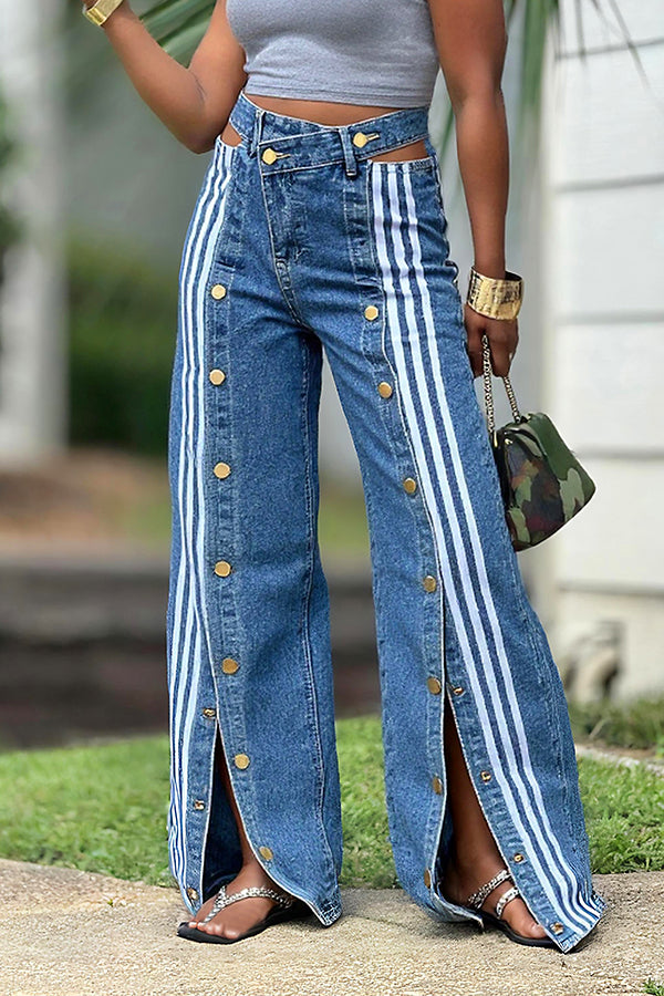 Fashion Sports Webbing Hollow Waist Slit Jeans*
