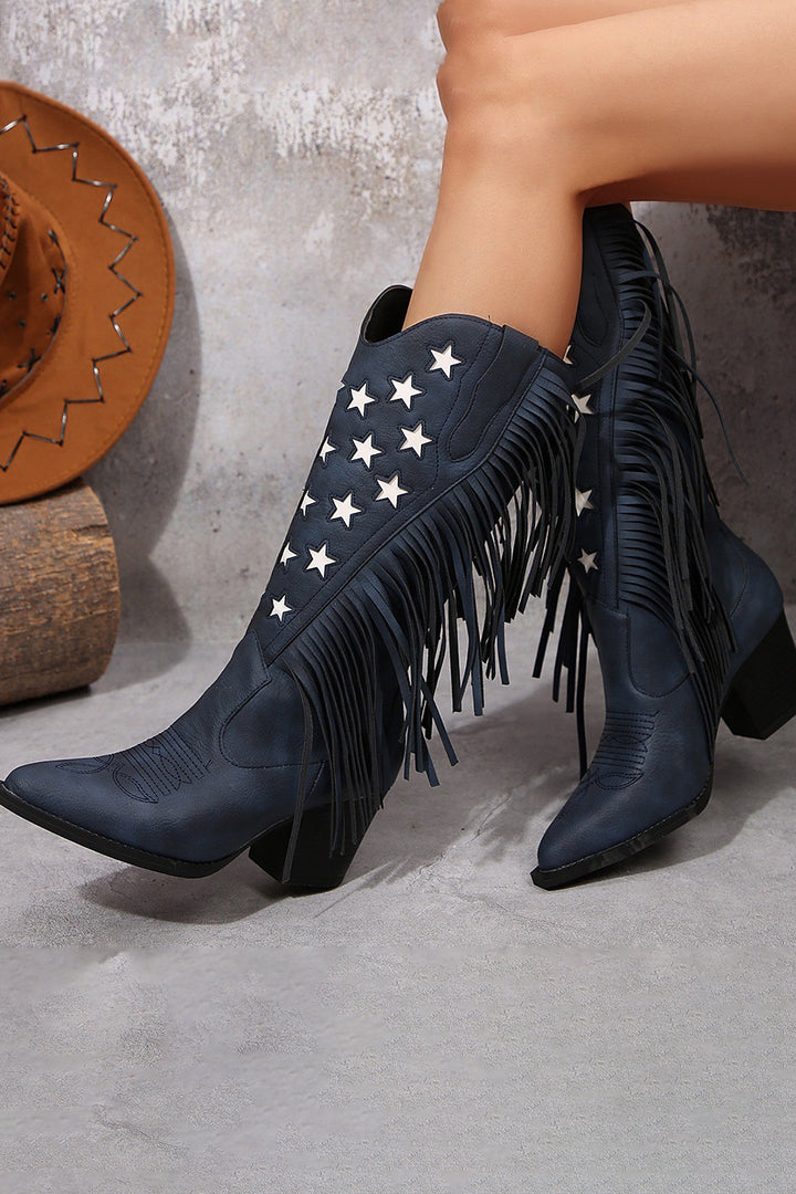 Western Style High Heeled Tassel Embroidered Leather Boots*