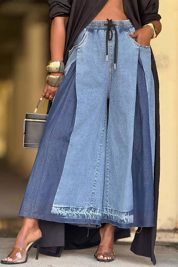 Street Elastic Drawstring Pleated Contrast Color Wide Leg Jeans*