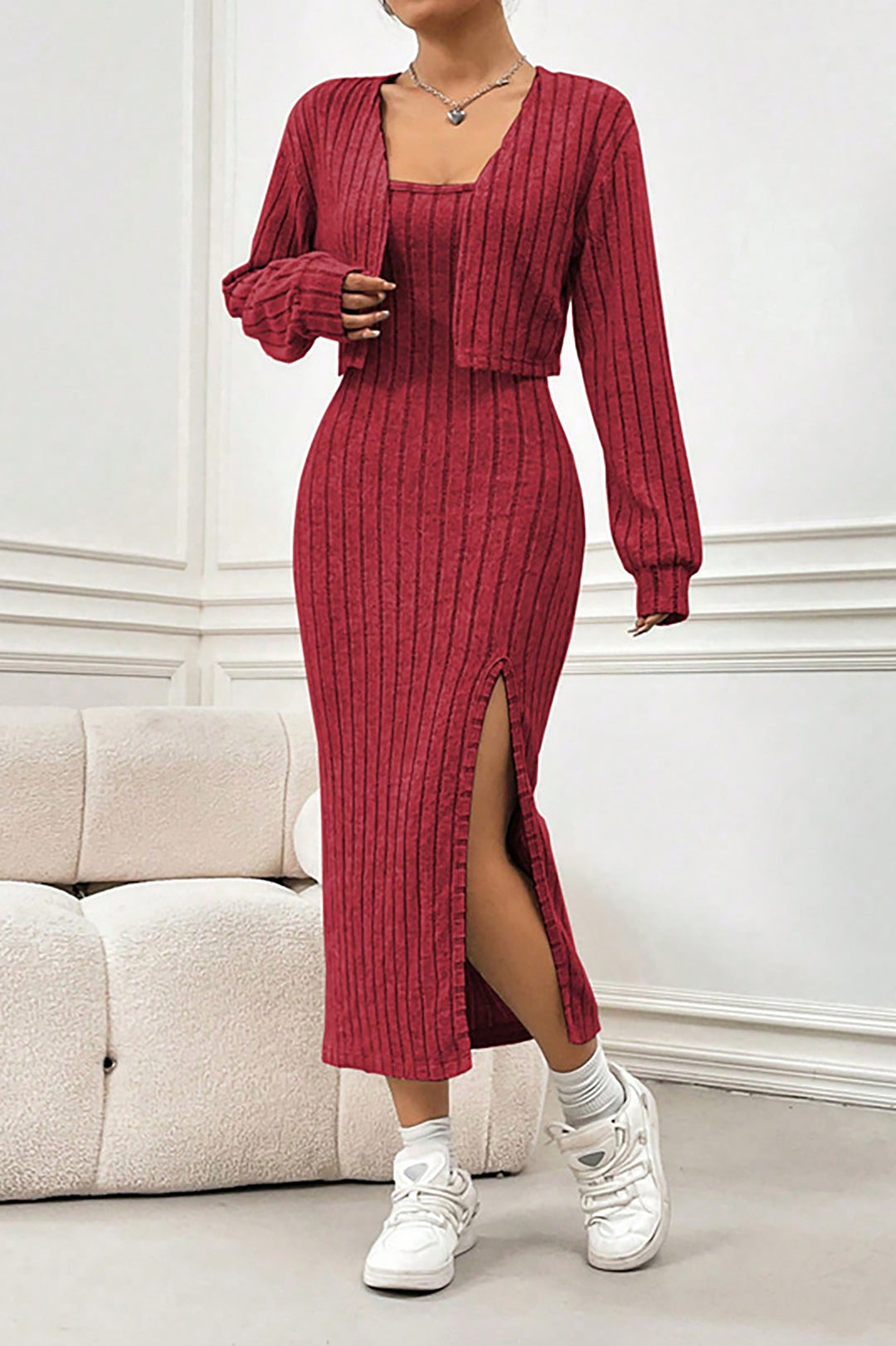 Casual Long-Sleeved Knit Cardigan & Slit Suspender Dress Set*