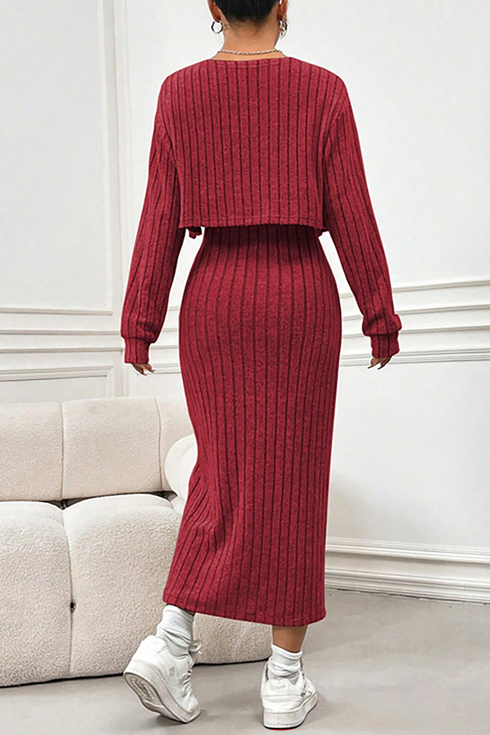 Casual Long-Sleeved Knit Cardigan & Slit Suspender Dress Set*