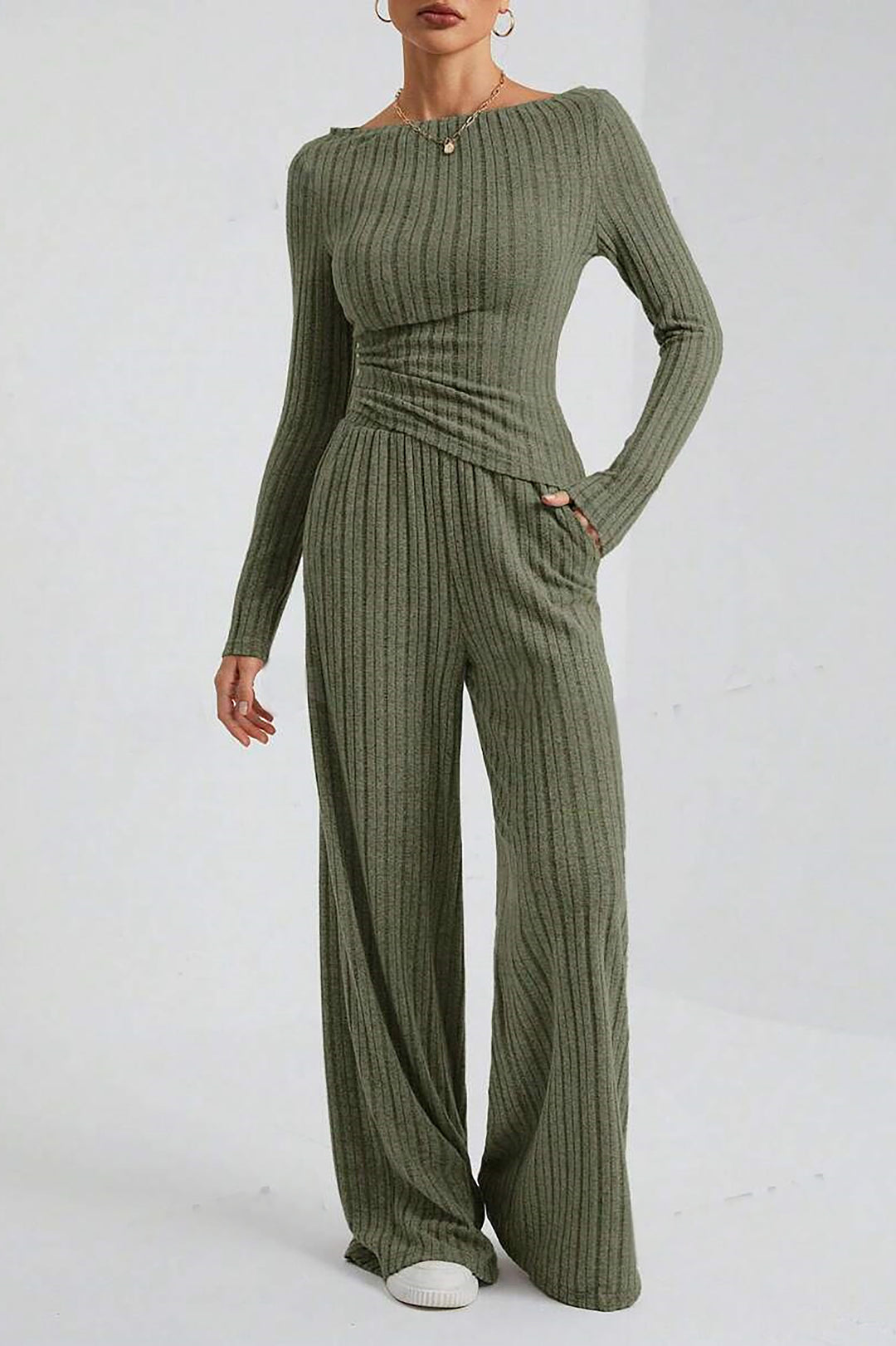 Casual Solid Knitted Striped Top & Wide Leg Pants Set*