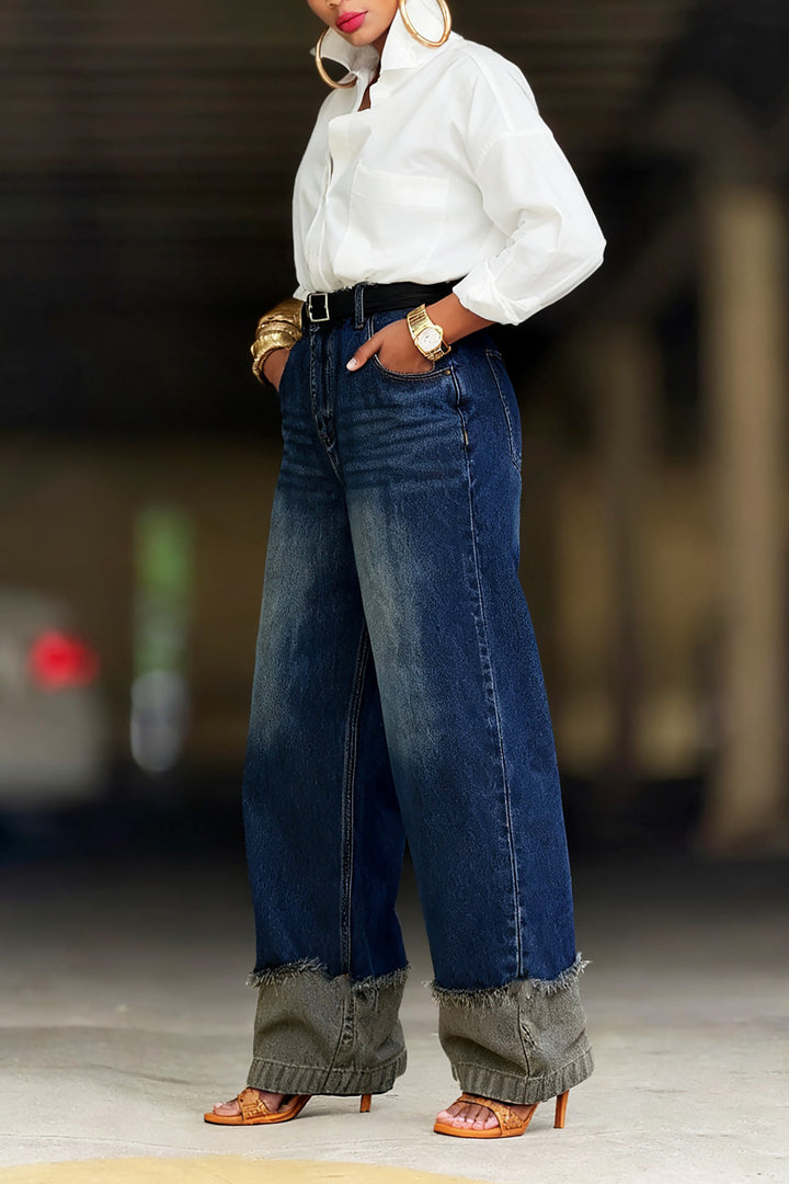 Vintage Distressed Patchwork Two Tone Frayed Jeans*