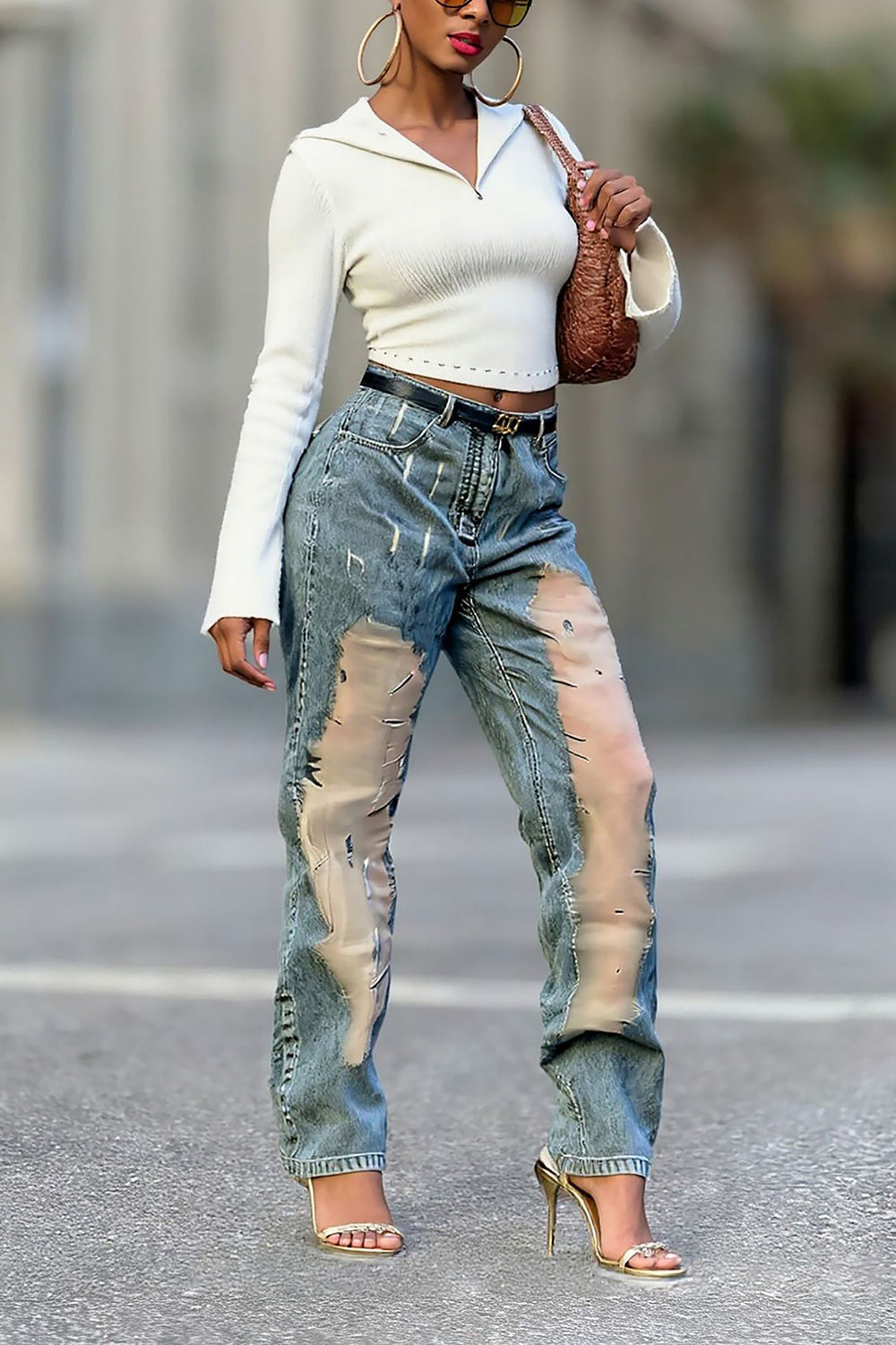 Fashionable And Unique Washed Hollow Mesh Ripped Jeans*