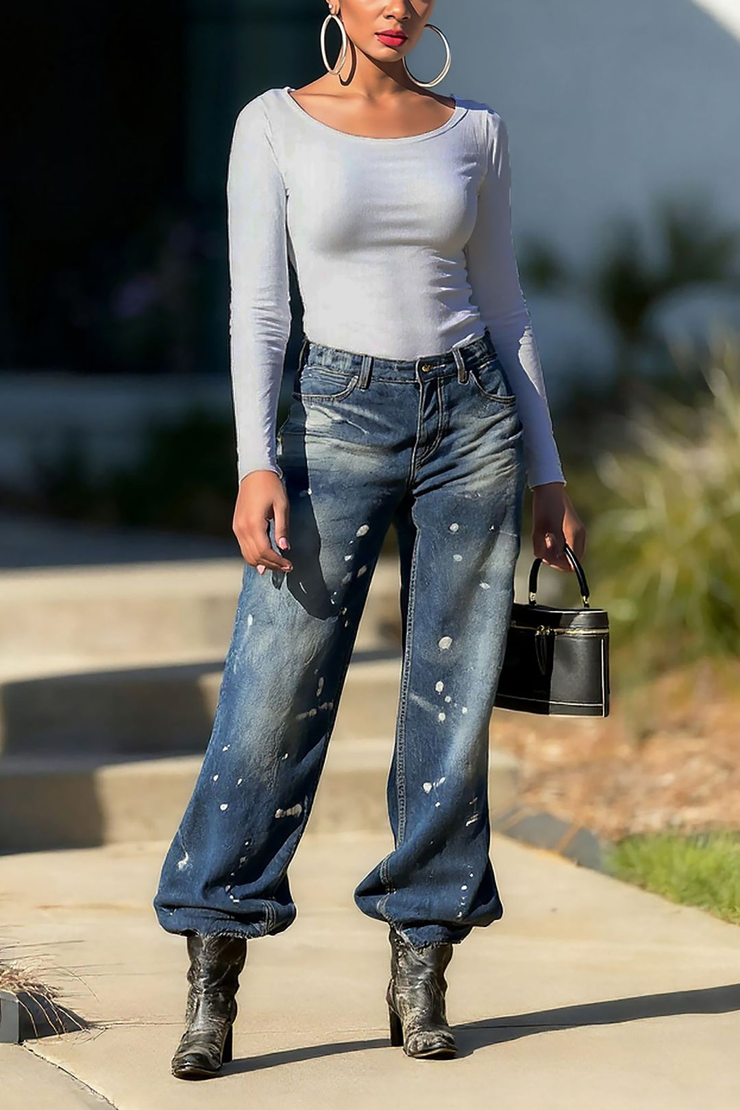 Fashionable Washed Ink Splashed Ripped Jeans*