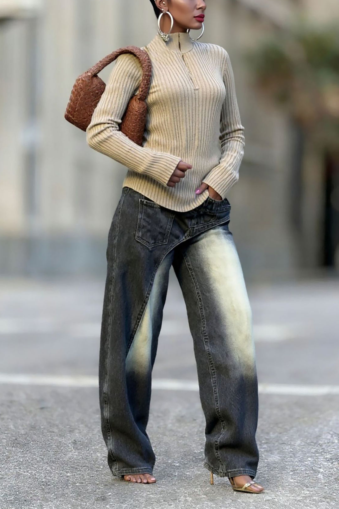 Fashion Asymmetric Deconstructed Washed Jeans*