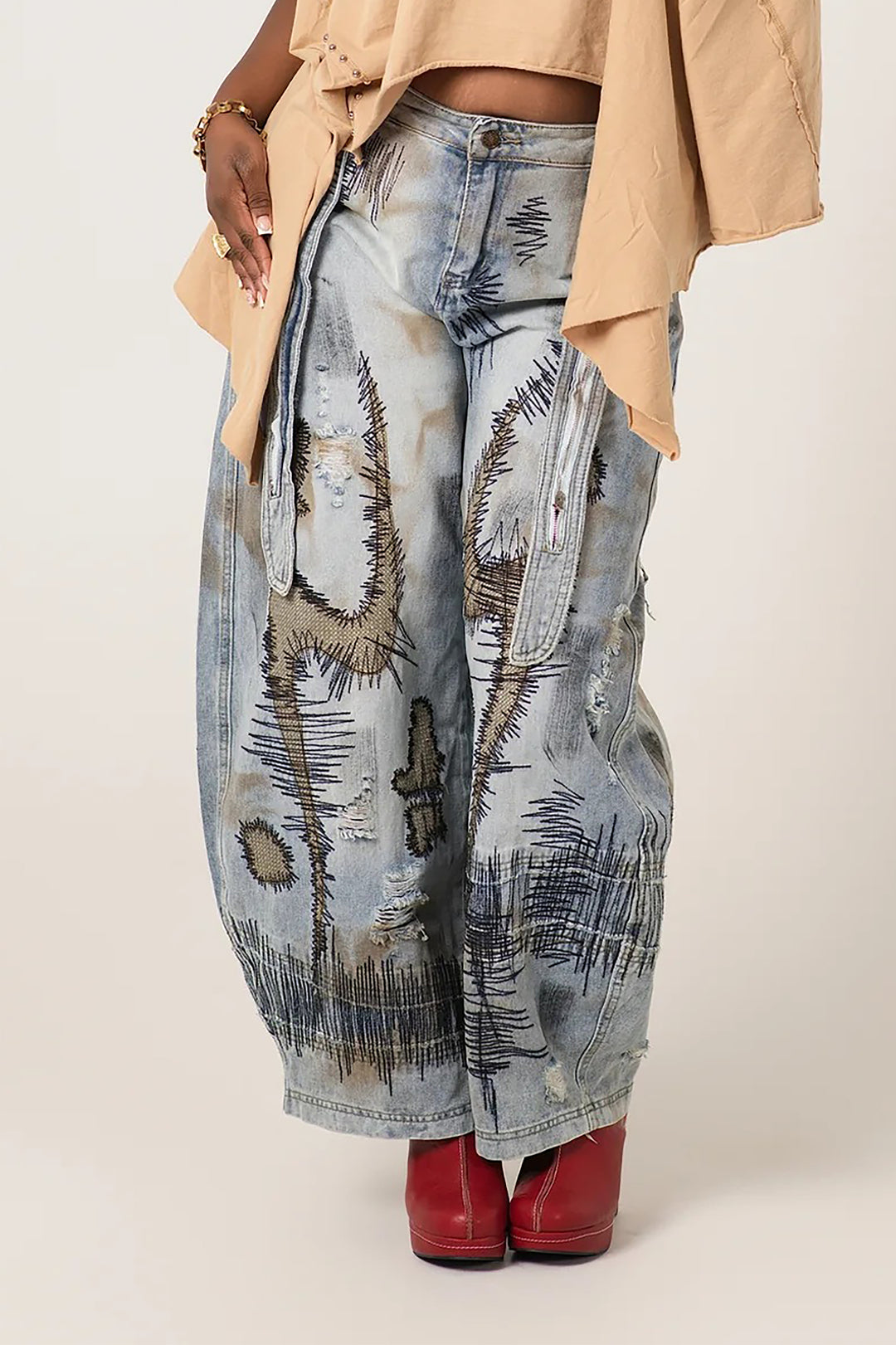 Fashion Random Stitch Embroidery Wide Leg Scimitar Jeans*