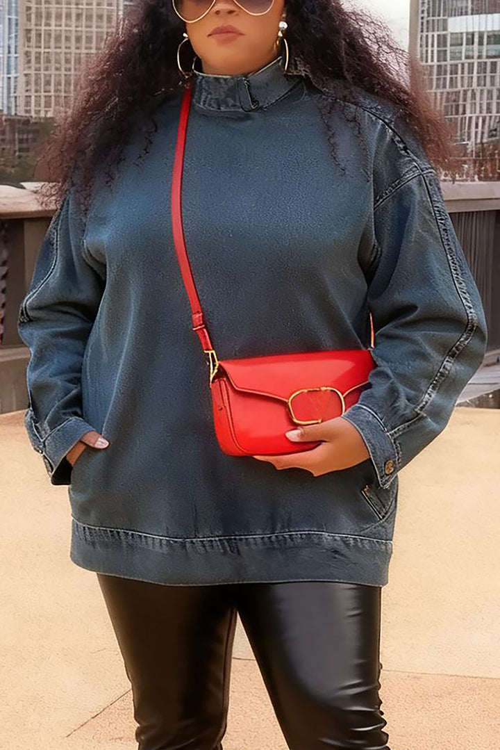 Casual Distressed Stand Up Collar Denim Sweatshirt*