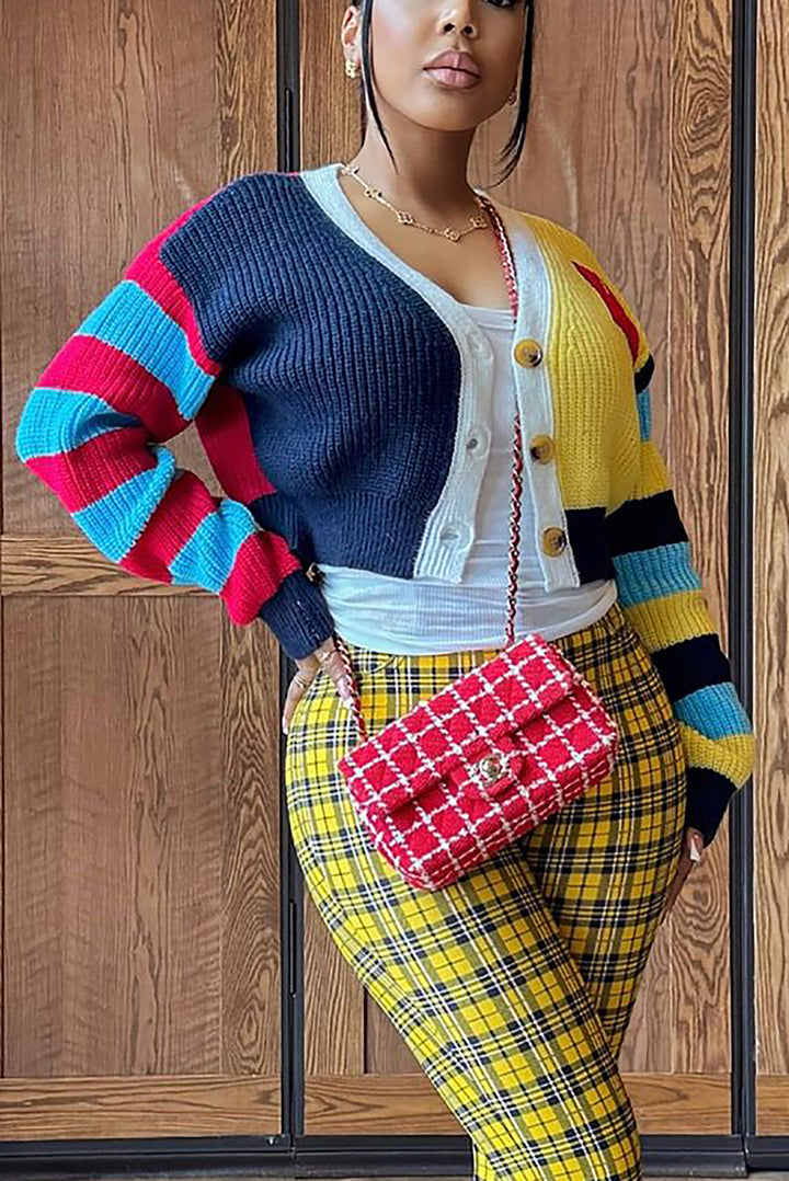 Fashionable Colorful Letter Stripes Contrasting Cardigan*