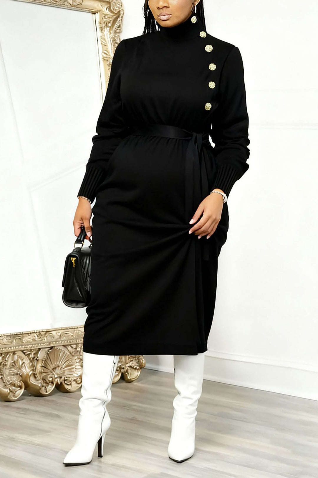 Urban Style Metal Buckle Tie Waist Knit Dress*